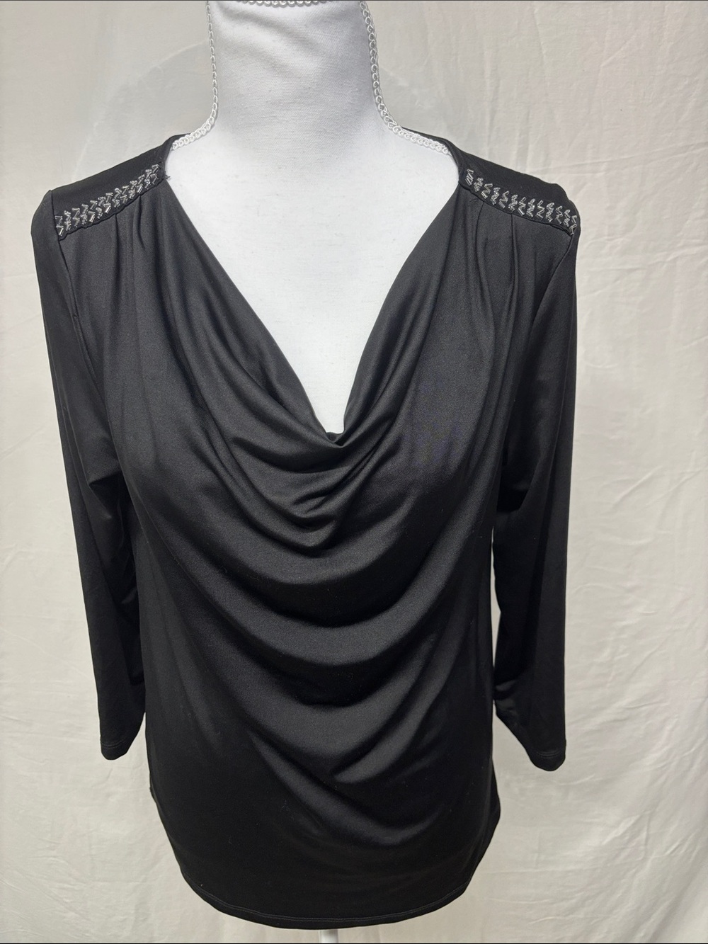 Design History Black Draped V-Neck Long Sleeve Top with Shoulder Stitching